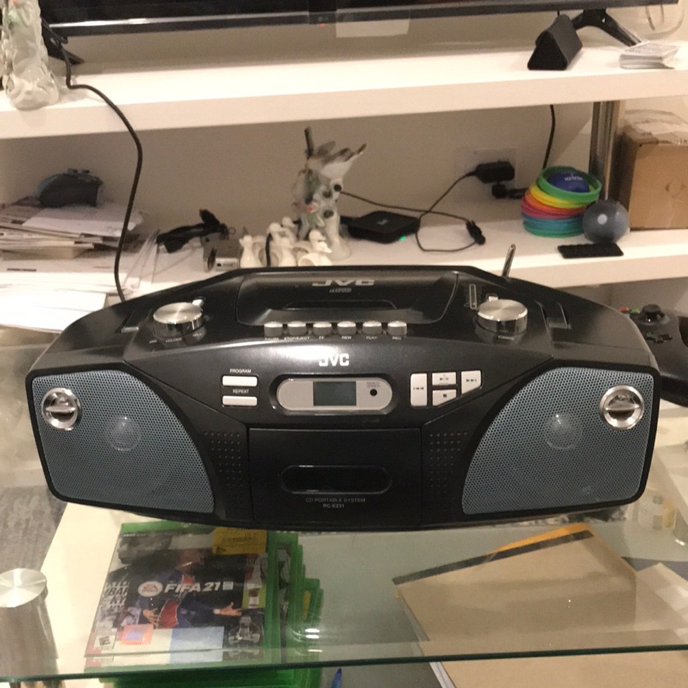 JVC - Black and Silver Boombox with CD Player and Radio